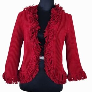 Ribbed Cardigan Open Front Fringe Cranberry Red Sweater, Size Large